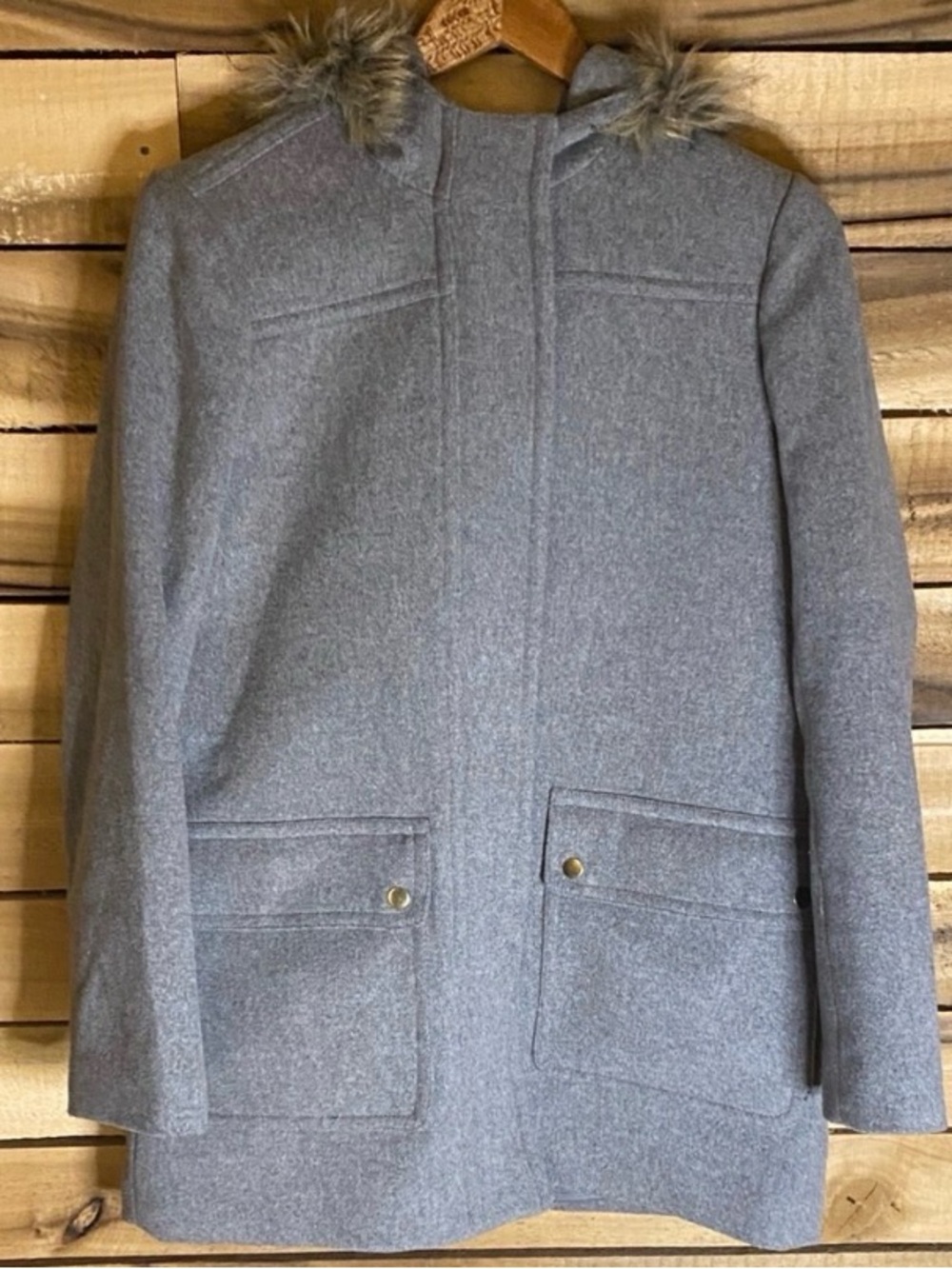 J. Crew Gray wool blend Hooded Coat with Faux Fur Trim size 6